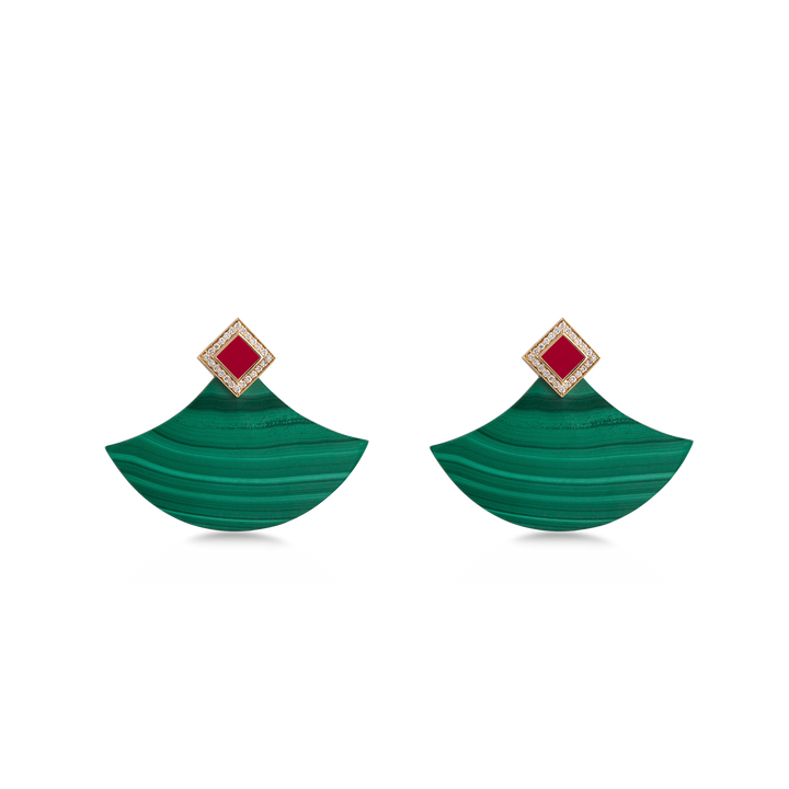 Tropicalia Earrings in 18K Yellow Gold with VS-G Diamond, Malachite Stone and Red Enamel