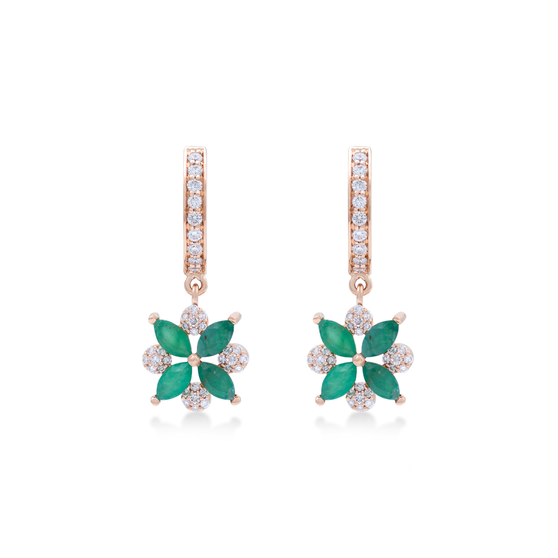 Quatrefoil Earrings 18k Rose Gold With SI Diamonds And Emerald Stones