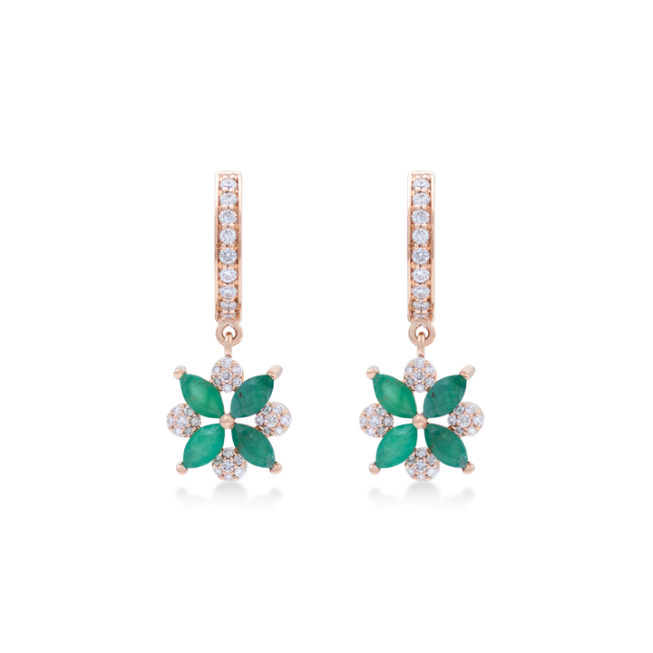 Quatrefoil Earrings 18k Rose Gold With SI Diamonds And Emerald Stones