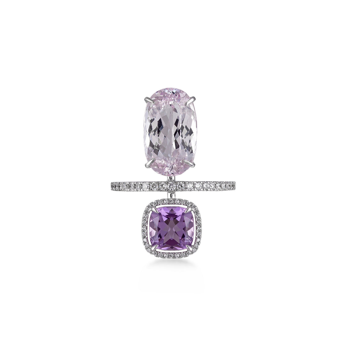 Ring in 18K white Gold with VS-G diamonds, kunzite, and amethyst stones