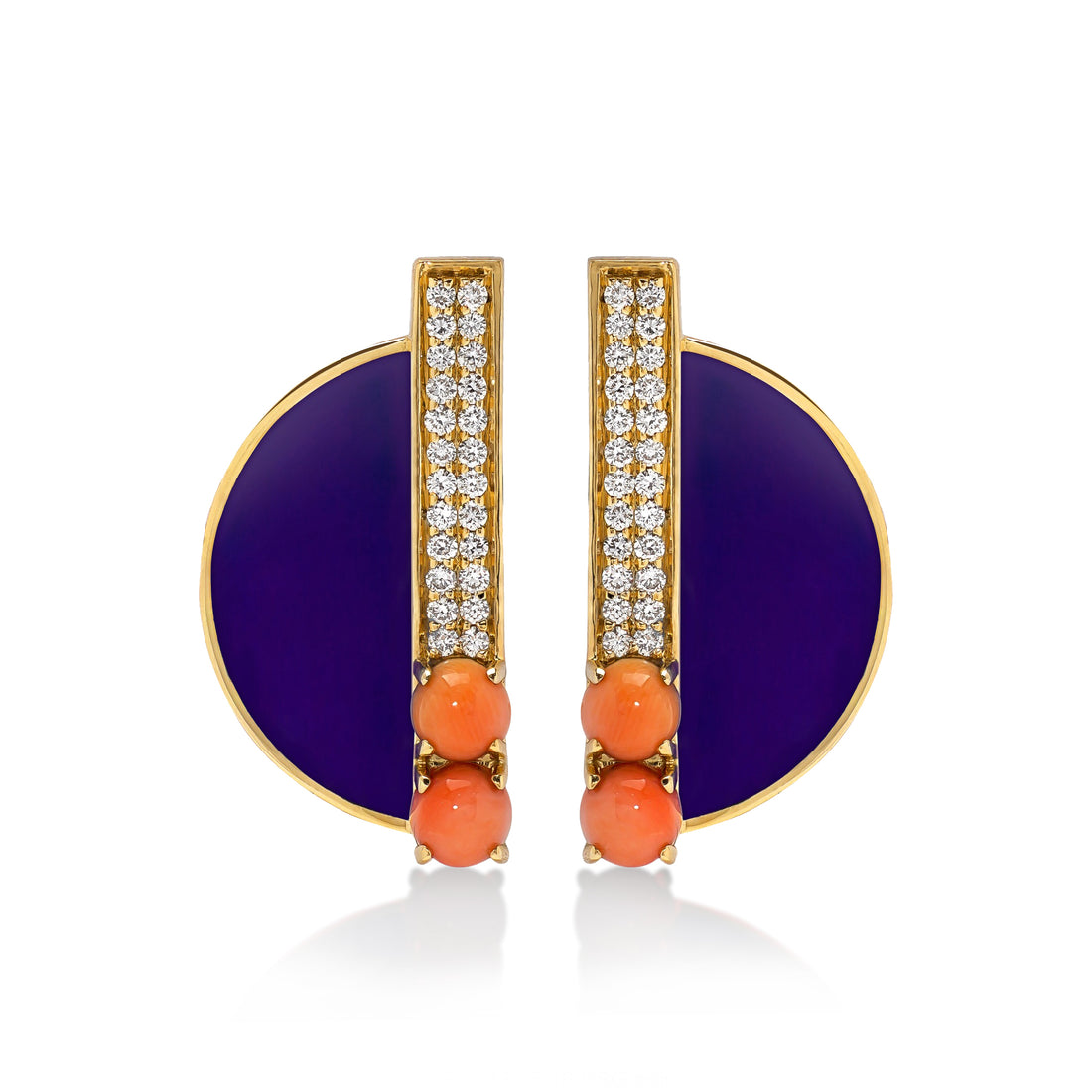 Earrings in 18K yellow gold with VS-G diamonds, Carnelian stone and Blue enamel