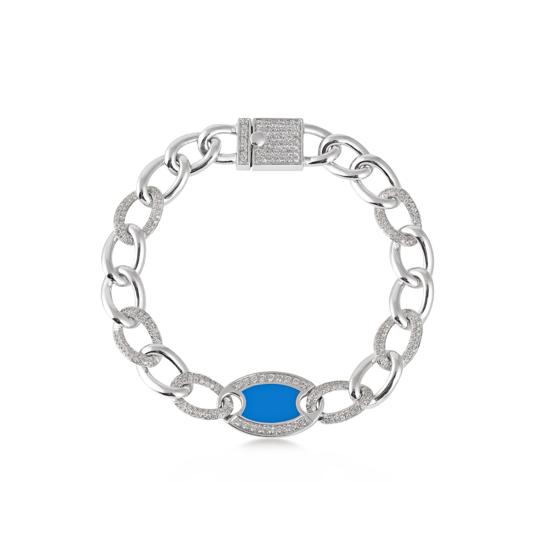 Chain bracelet in 18K white gold with VS-G diamonds and blue enamel