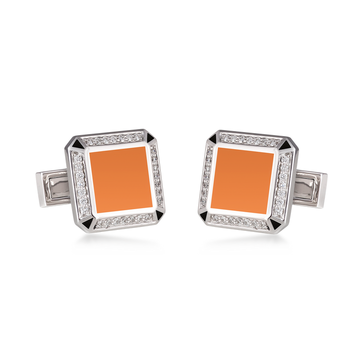 Cufflinks in 18K White Gold with VS-G Diamond and Orange and Black Enamel