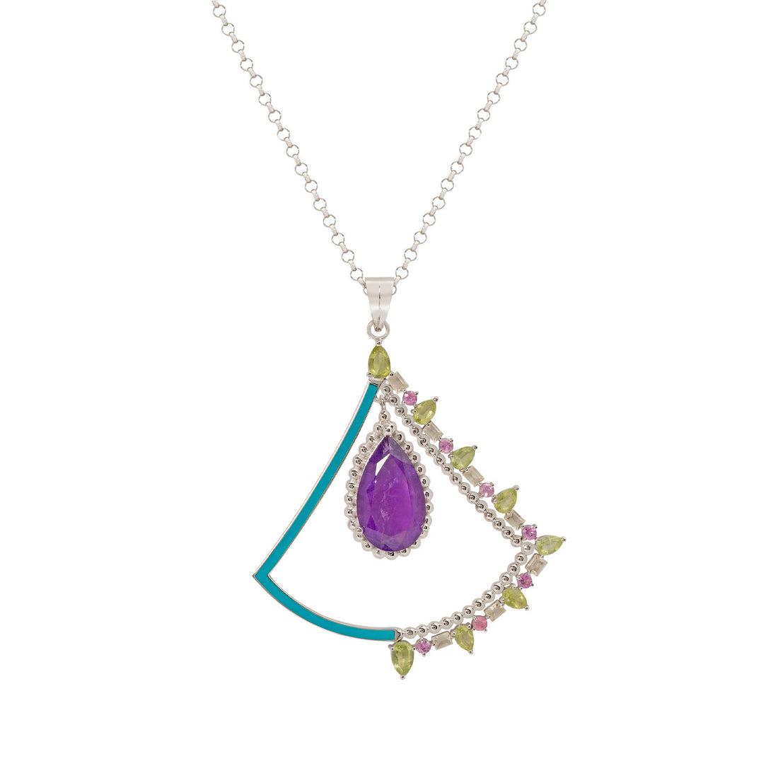 Carousel Necklace in 18K white gold with Amethyst, Peridot, Tourmaline