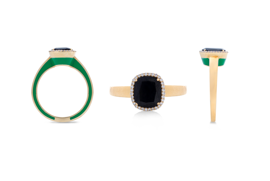 Eye Candy Ring in 18K White Gold Ring With VS-G Diamonds, Black Tourmaline and Green Enamel