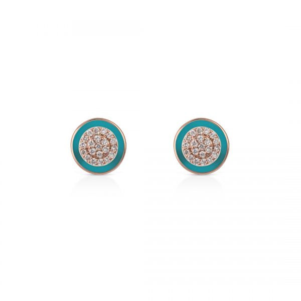 Earrings in 18K Yellow Gold Studs, Adorned with VS-G Diamonds and Turquoise Enamel