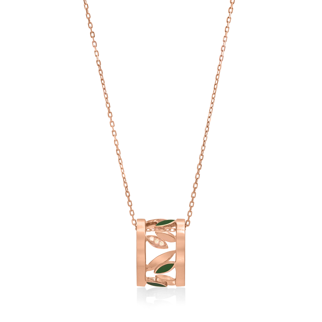 Leaves Necklace In 18K Yellow Gold And VS-G Diamonds, With Green Enamel