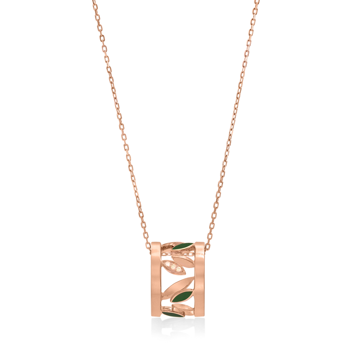 Leaves Necklace In 18K Yellow Gold And VS-G Diamonds, With Green Enamel