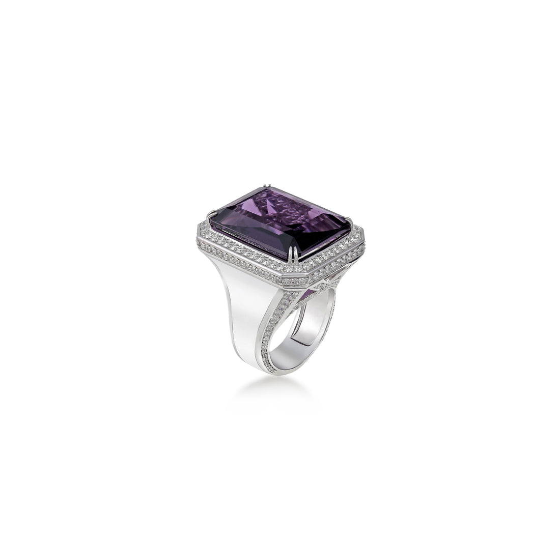 Ring in 18K white gold with VS-G diamonds, Amethyst stone, and white enamel