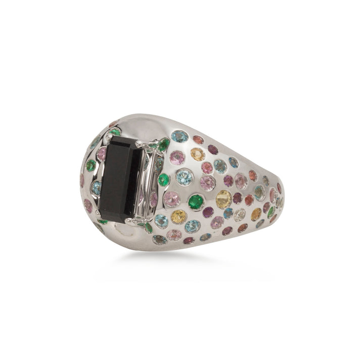 Ring in 18K white gold with VS-G diamonds and Emerald, Robolite and Sapphire stone