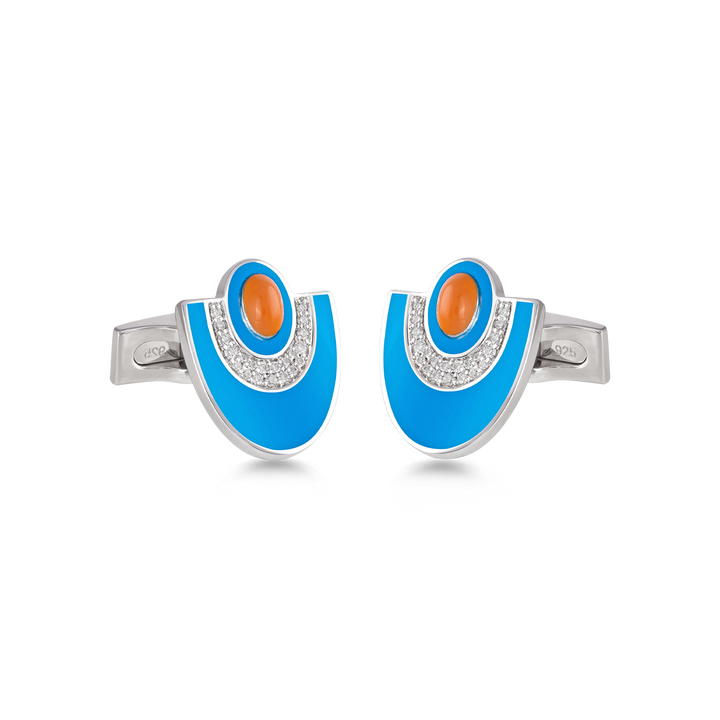 Cufflinks in Silver with VS-G Diamond and Turquoise Enamel - Josephine Collection