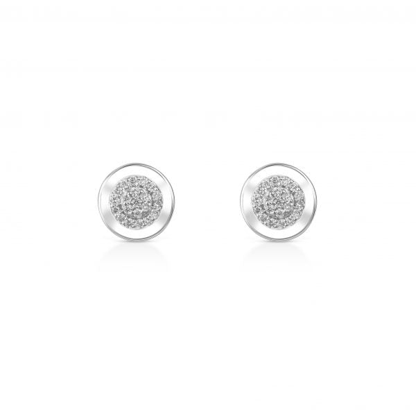 Earings in 18K White Gold Studs, Adorned with VS-G Diamonds and White Enamel