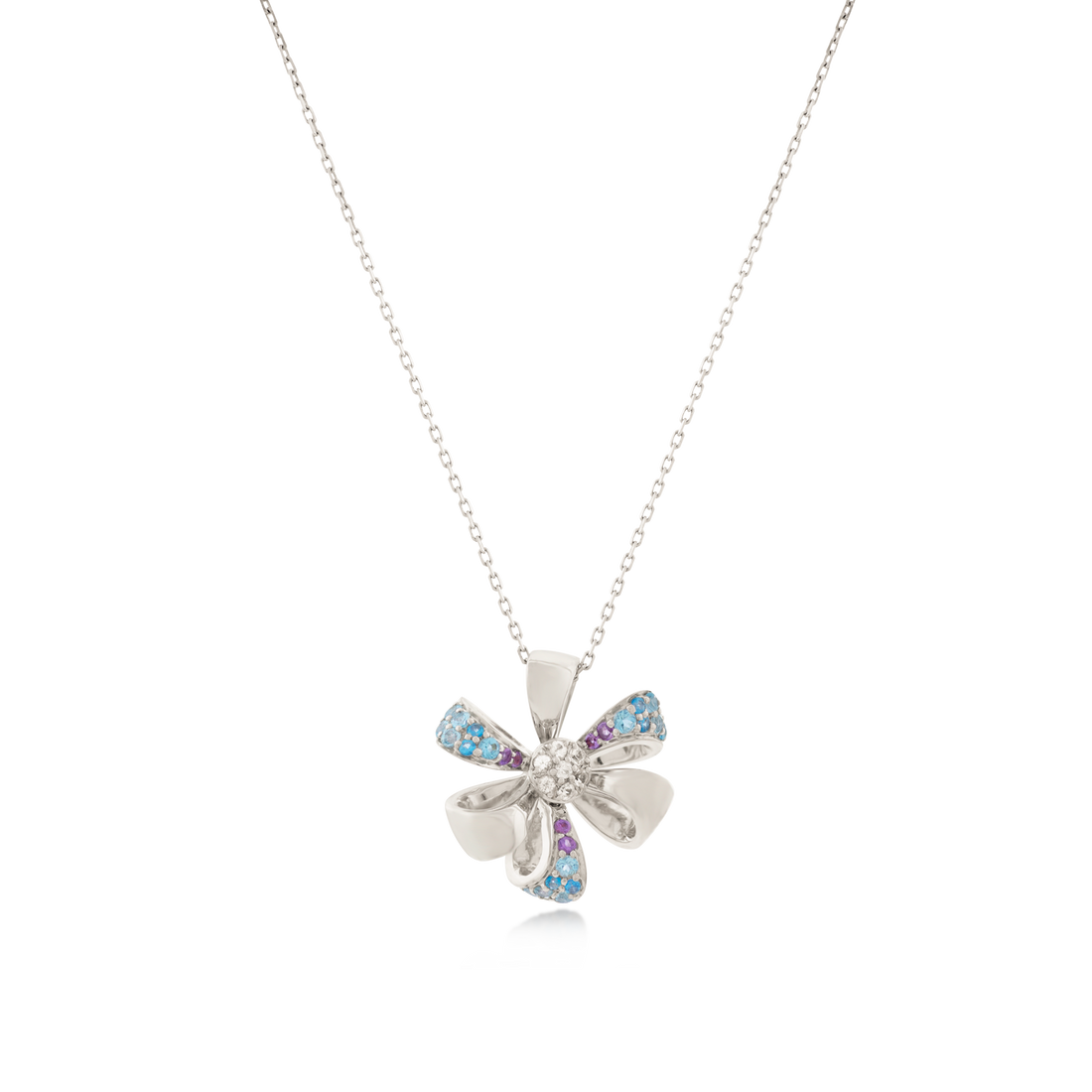 Flora Necklace  Pendant in Flower Shapes with 18K White Gold with VS-G Diamonds, Blue Topaz