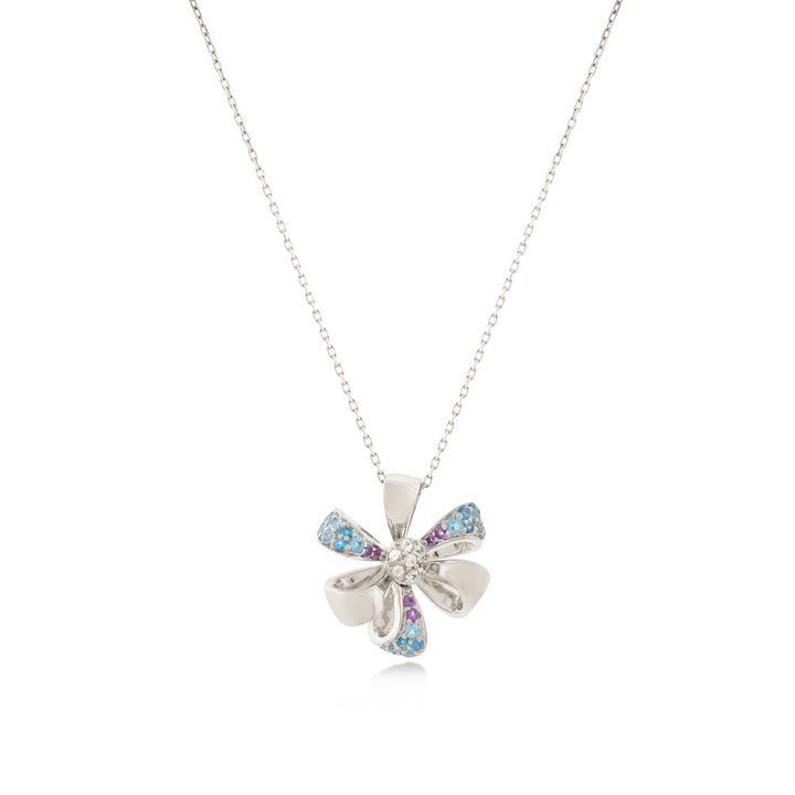 Flora Necklace  Pendant in Flower Shapes with 18K White Gold with VS-G Diamonds, Blue Topaz