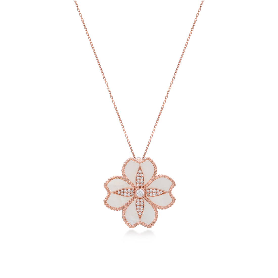 Mallow Flower Necklace In 18K Rose Gold With VS-G Diamonds And MOP Stone