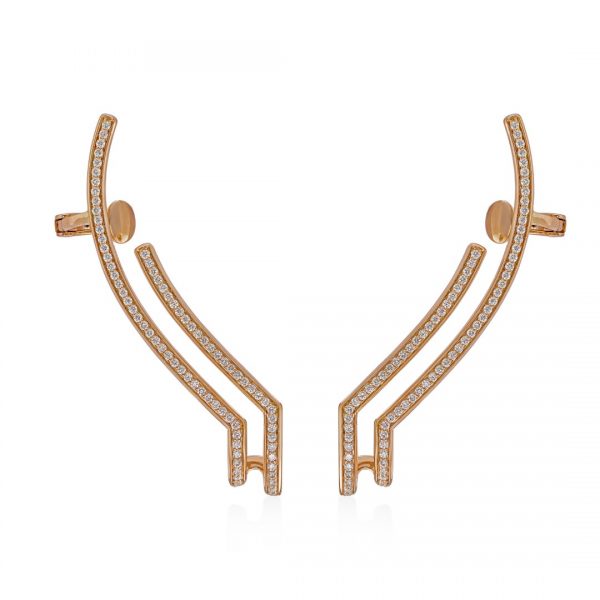 Earrings in 18k Rose gold and VS-G quality diamonds, ear climbers, with upper clip