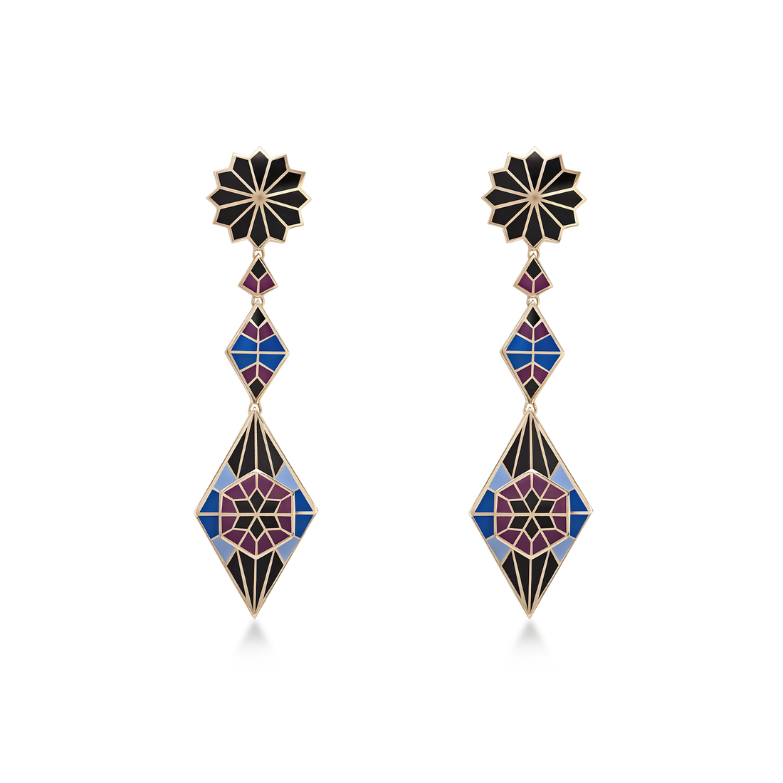 Earrings in 18K Yellow Gold with Purple/Blue/black Enamel - Mosaic Design