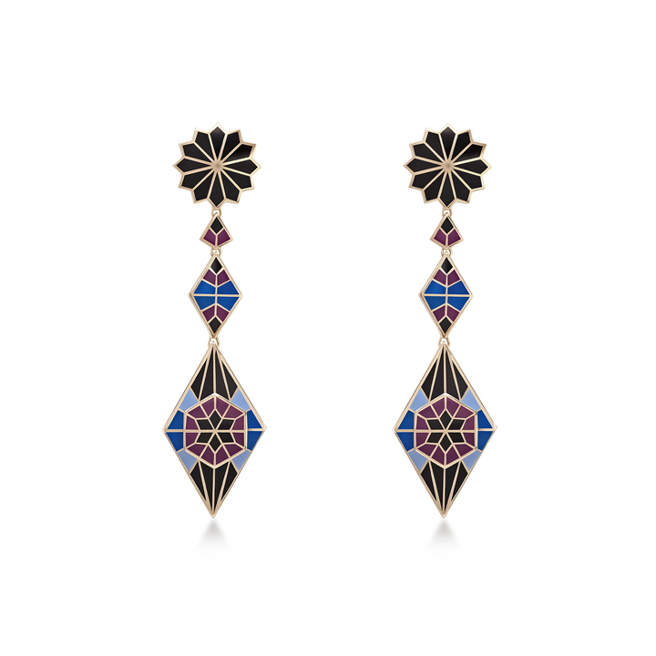 Earrings in 18K Yellow Gold with Purple/Blue/black Enamel - Mosaic Design