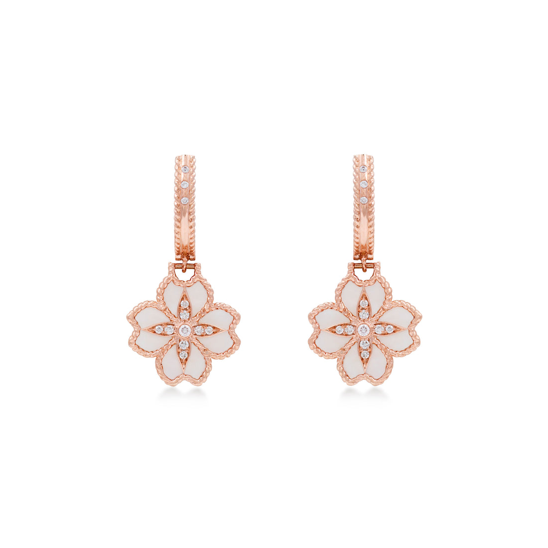 Mallow Flower Earrings In 18K Rose Gold With VS-G Diamonds And MOP Stone