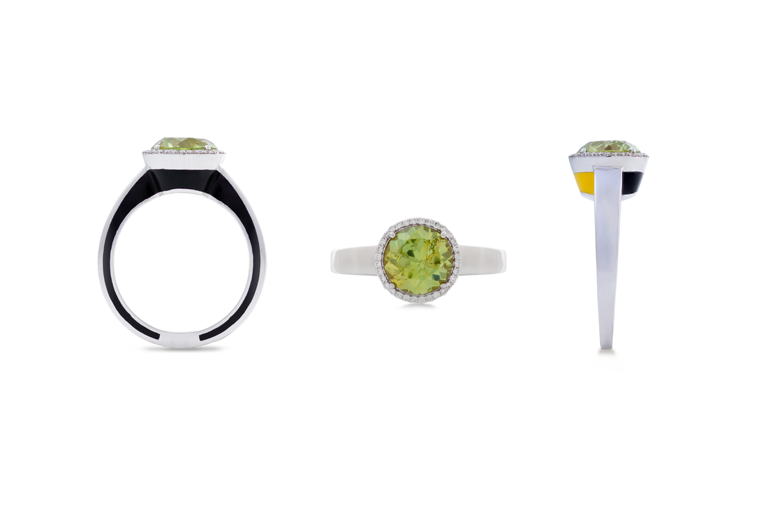 Eye Candy Ring in 18K white Gold Ring with VS-G Diamonds, Peridot and Yellow Enamel