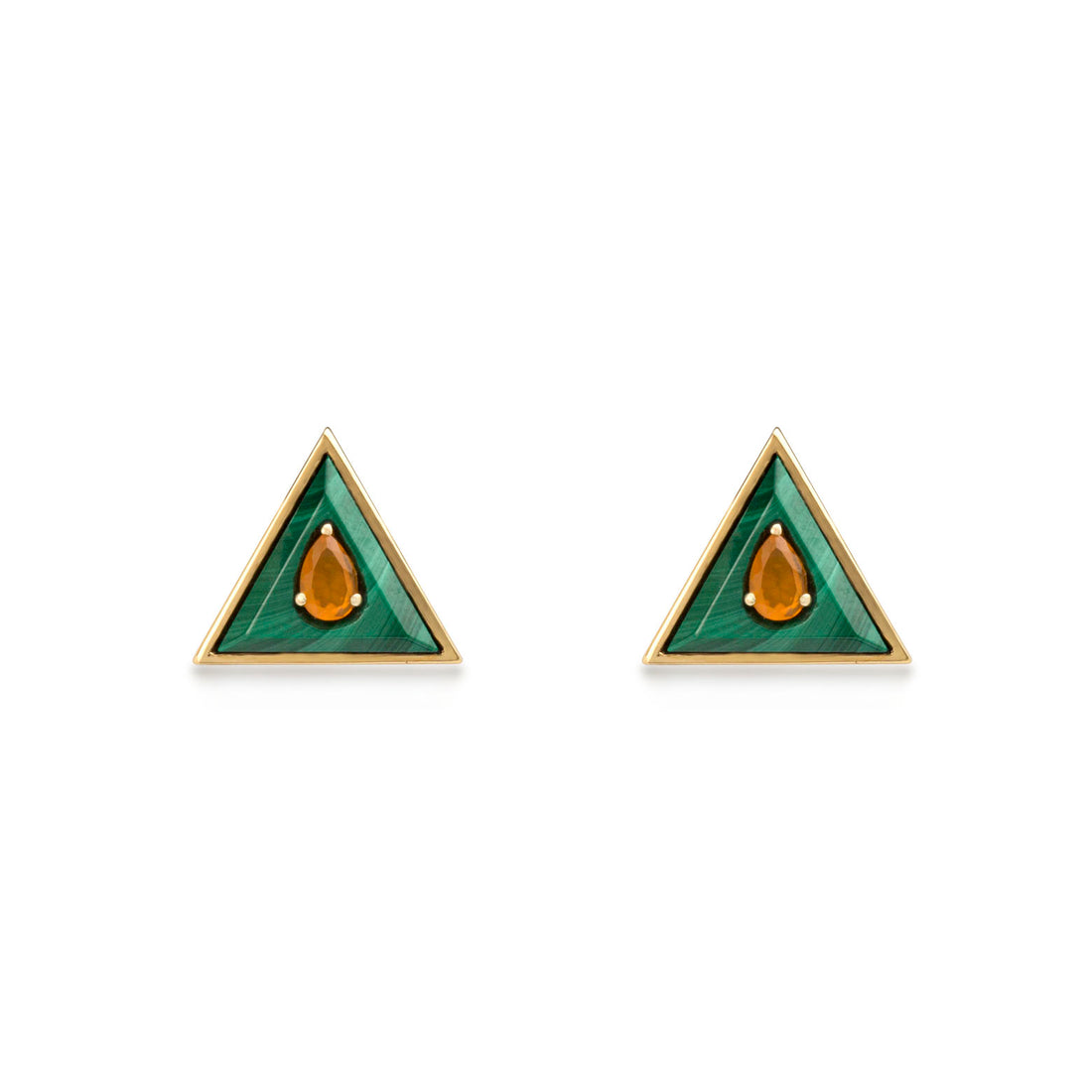 Earrings in 18K yellow Gold with Malachite stone and Carnelian stone