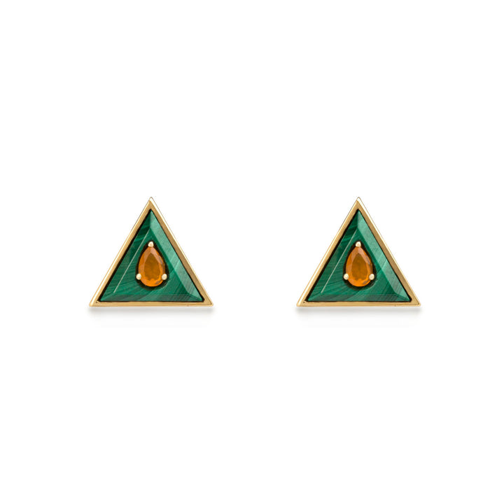 Earrings in 18K yellow Gold with Malachite stone and Carnelian stone