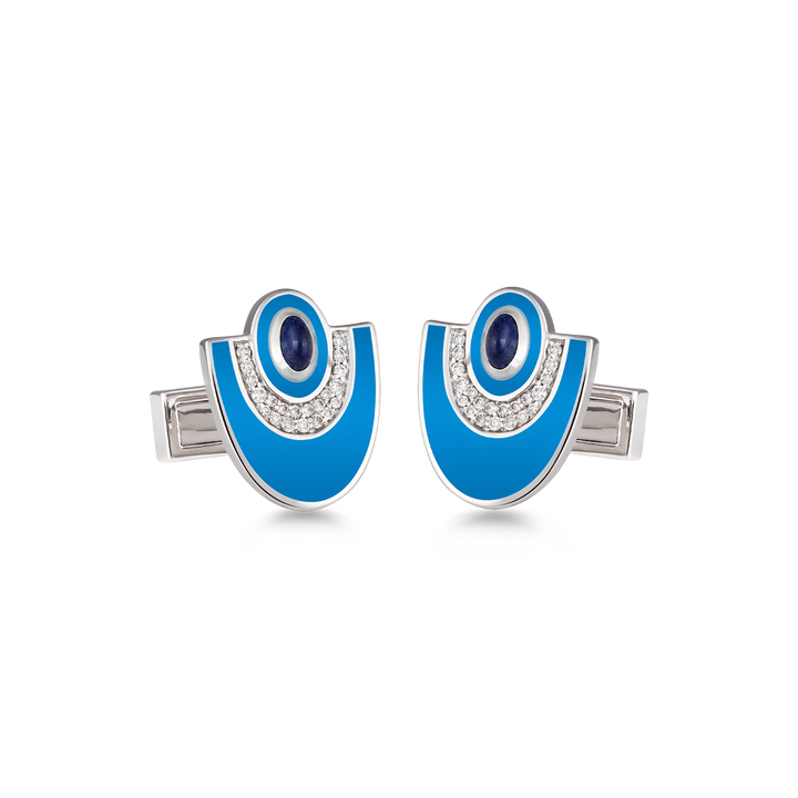 Cufflinks in 18K White Gold with VS-G Diamond and Turquoise Enamel - Josephine