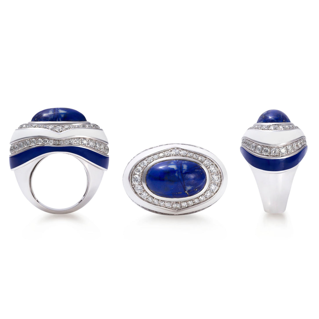 Ring in 18K white Gold with VS-G diamonds, Lpis stone and blue/white enamel