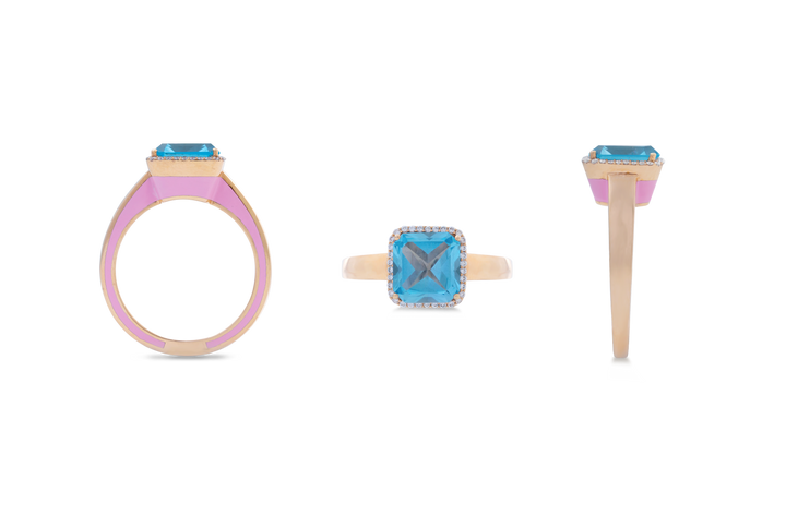 Eye Candy  Ring in 18K Yellow Gold Ring with VS-G Diamonds, Blue Topaz and Pink Enamel