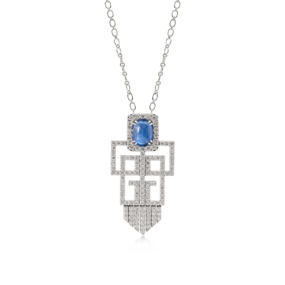 Art Deco Necklace Pendant in 18K White Gold and VS-G Diamond and Kyanite Stone