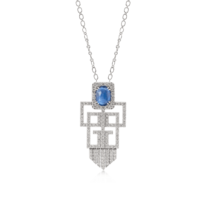 Art Deco Necklace Pendant in 18K White Gold and VS-G Diamond and Kyanite Stone