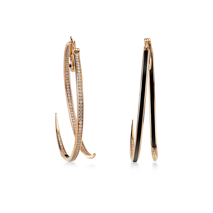 Hoop Earring in 18K Yellow Gold with VS-G Diamond and Black Enamel